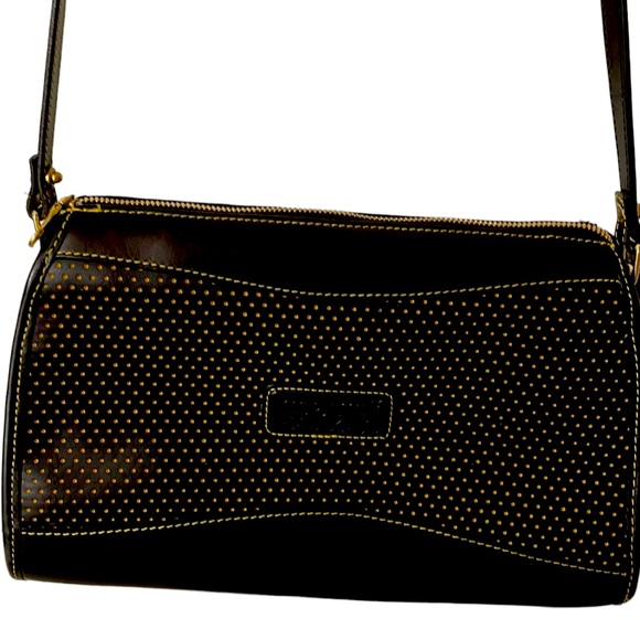 Dooney & Bourke All Leather Black & Gold Polka Dot Design Crossb… - Picture 4 of 15